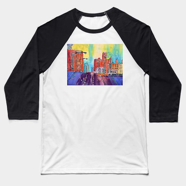 Chicago Cityscape Baseball T-Shirt by funhousejen